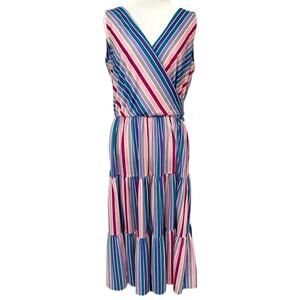 Vintage Retro Rainbow Striped Tiered Maxi Dress 14 Colorful Boho Faux Wrap Artsy